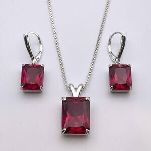 Gorgeous 27ctw Emerald Cut Ruby Necklace & Earrings Set in Sterling Silver